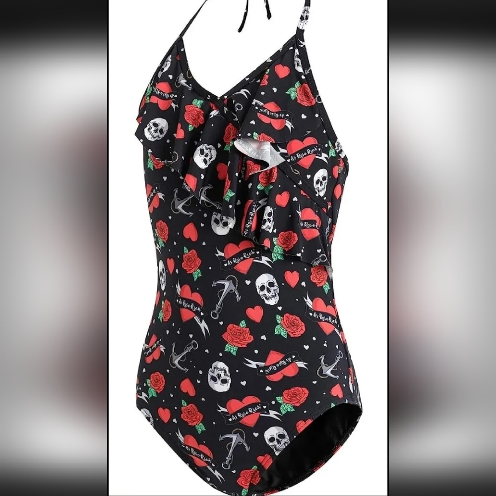 NWT As Rose Rich Floral Skull Ruffle One Piece Swimsuit Girl's Sz 14